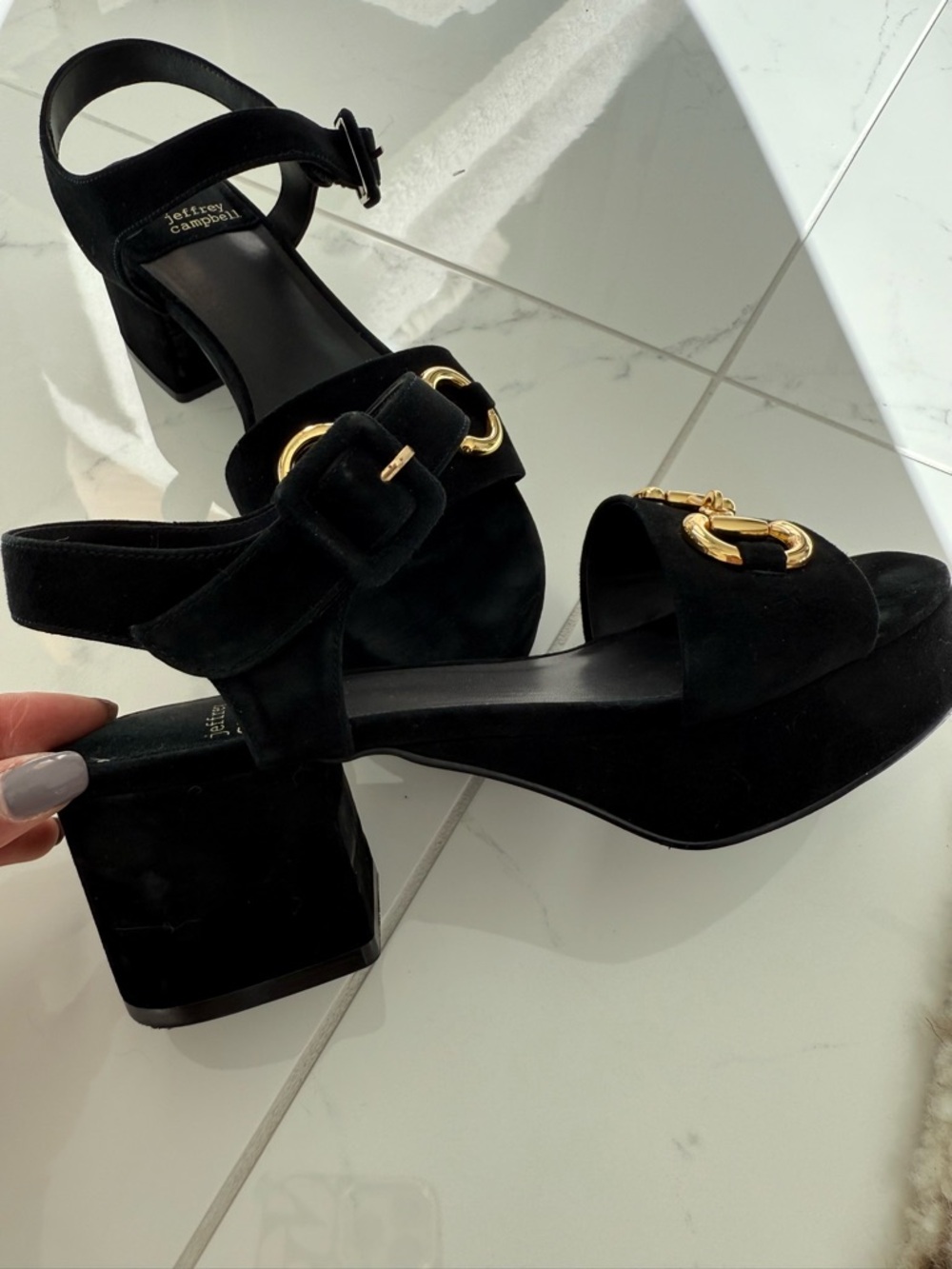 Jeffrey Campbell Black Velvet Sandals with Gold Horsebit - Picture 4 of 4